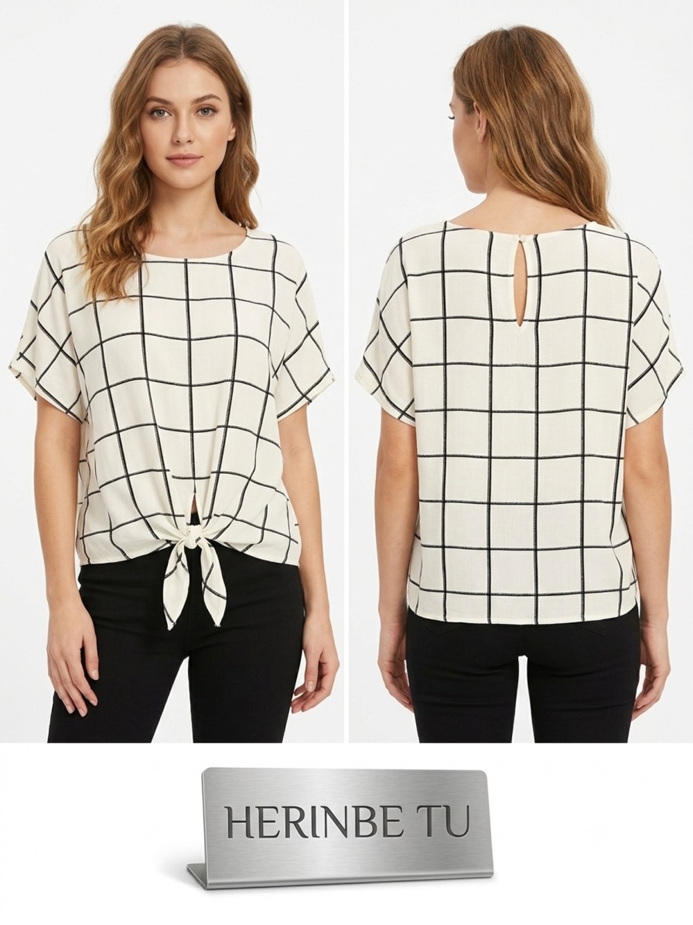 Herinbe Tu Black White Windowpane Tie-Front Top Medium